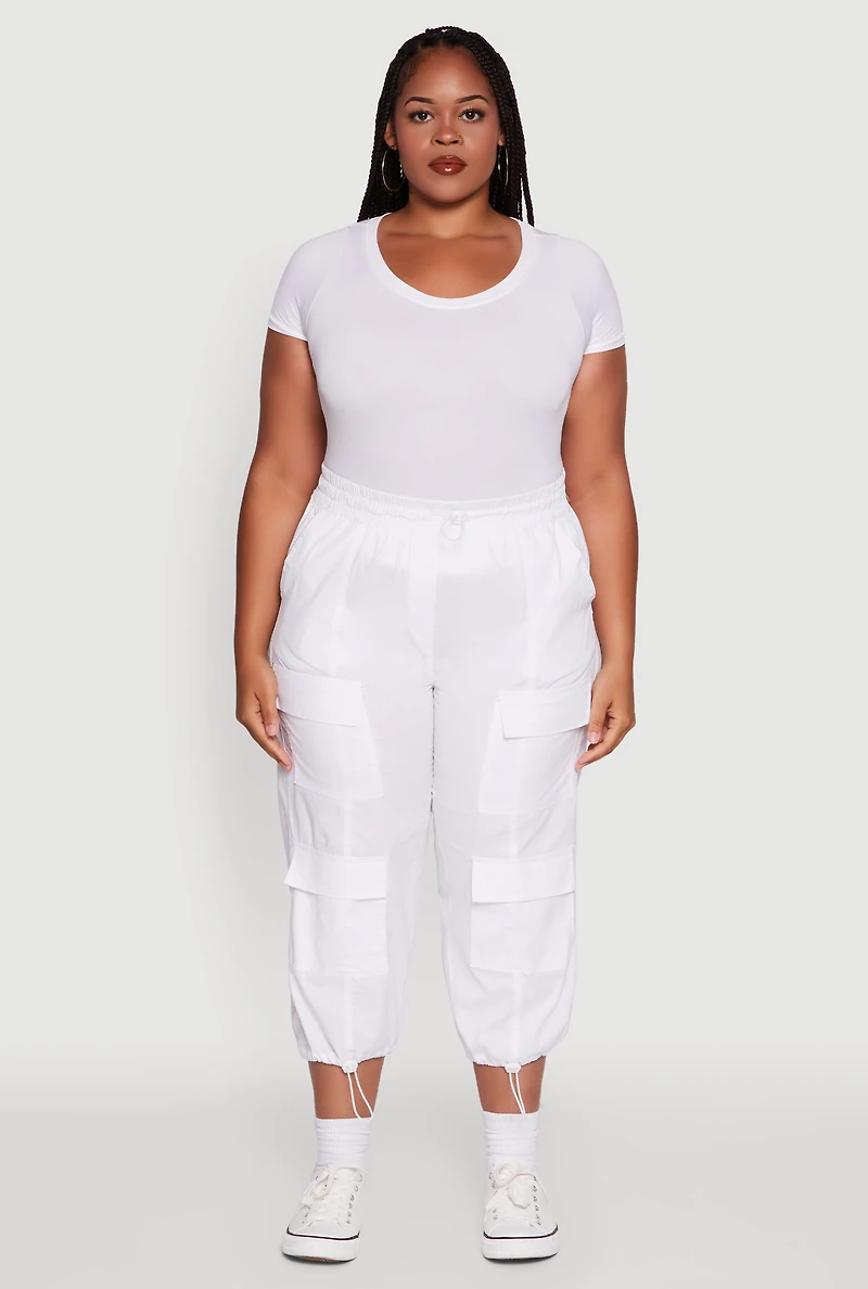 Womens Plus Size Poplin Drawstring Hem Utility Capris, White, Size 2X