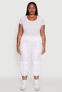 Womens Plus Size Poplin Drawstring Hem Utility Capris, White, Size 2X