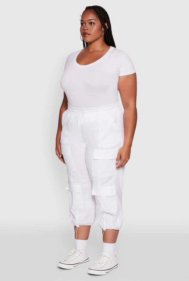 Womens Plus Size Poplin Drawstring Hem Utility Capris, White, Size 2X