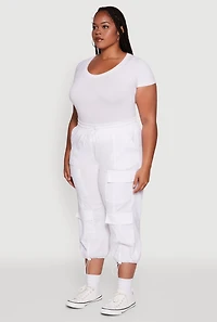 Womens Plus Size Poplin Drawstring Hem Utility Capris, White, Size 2X