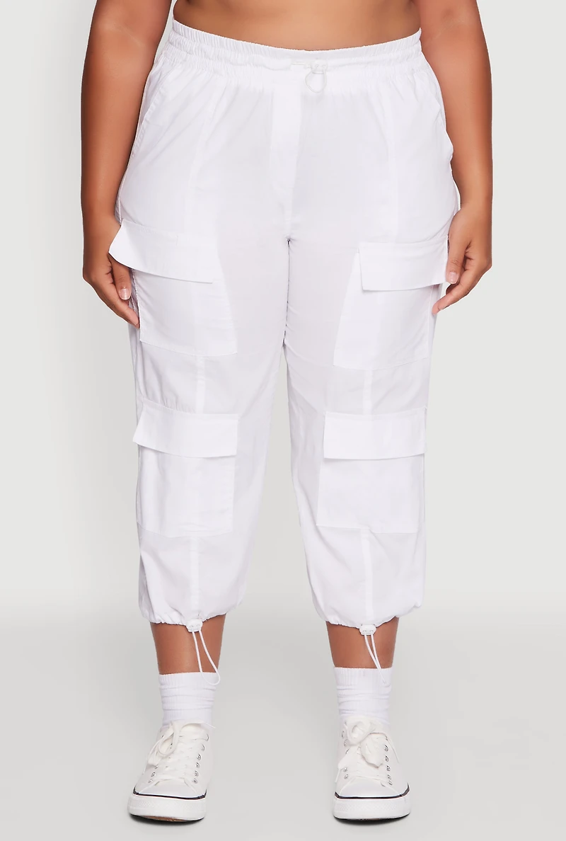 Womens Plus Size Poplin Drawstring Hem Utility Capris, White, Size 2X