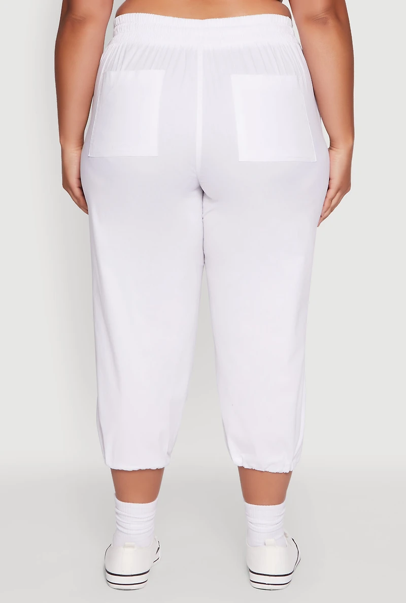 Womens Plus Size Poplin Drawstring Hem Utility Capris, White, Size 2X