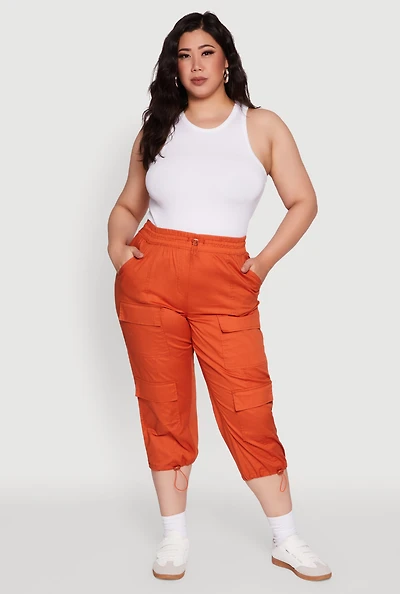 Womens Plus Size Poplin Drawstring Hem Utility Capris, Orange, Size 2X