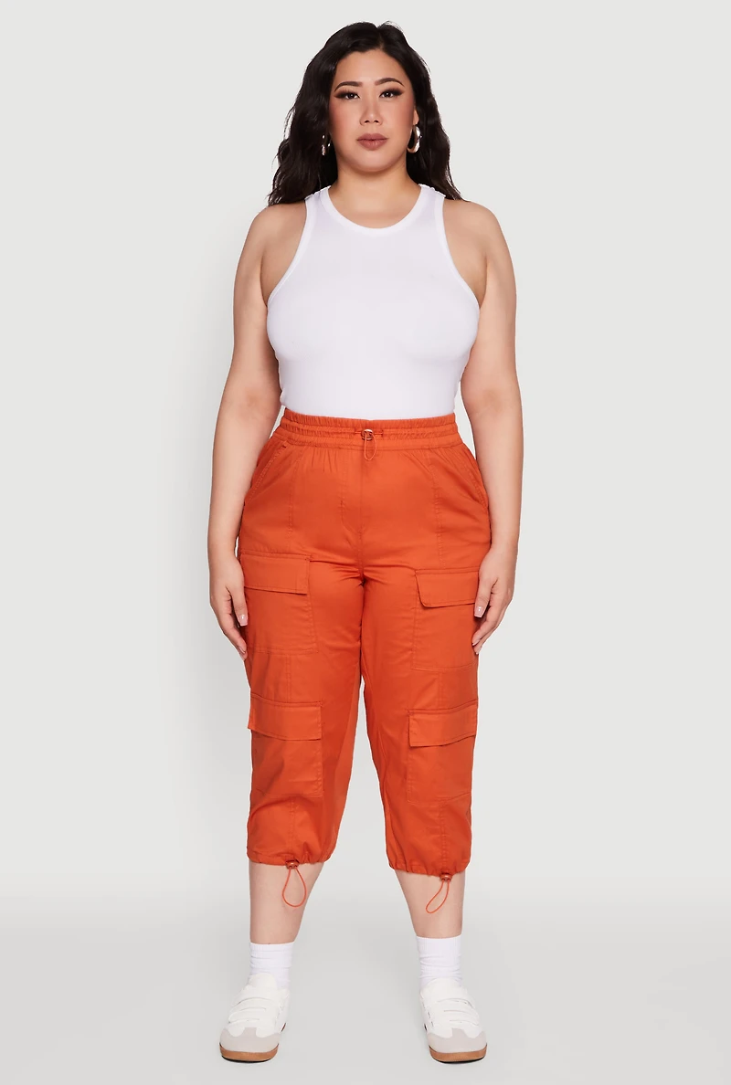 Womens Plus Size Poplin Drawstring Hem Utility Capris, Orange, Size 3X