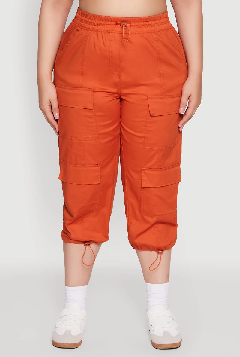 Womens Plus Size Poplin Drawstring Hem Utility Capris, Orange, Size 3X