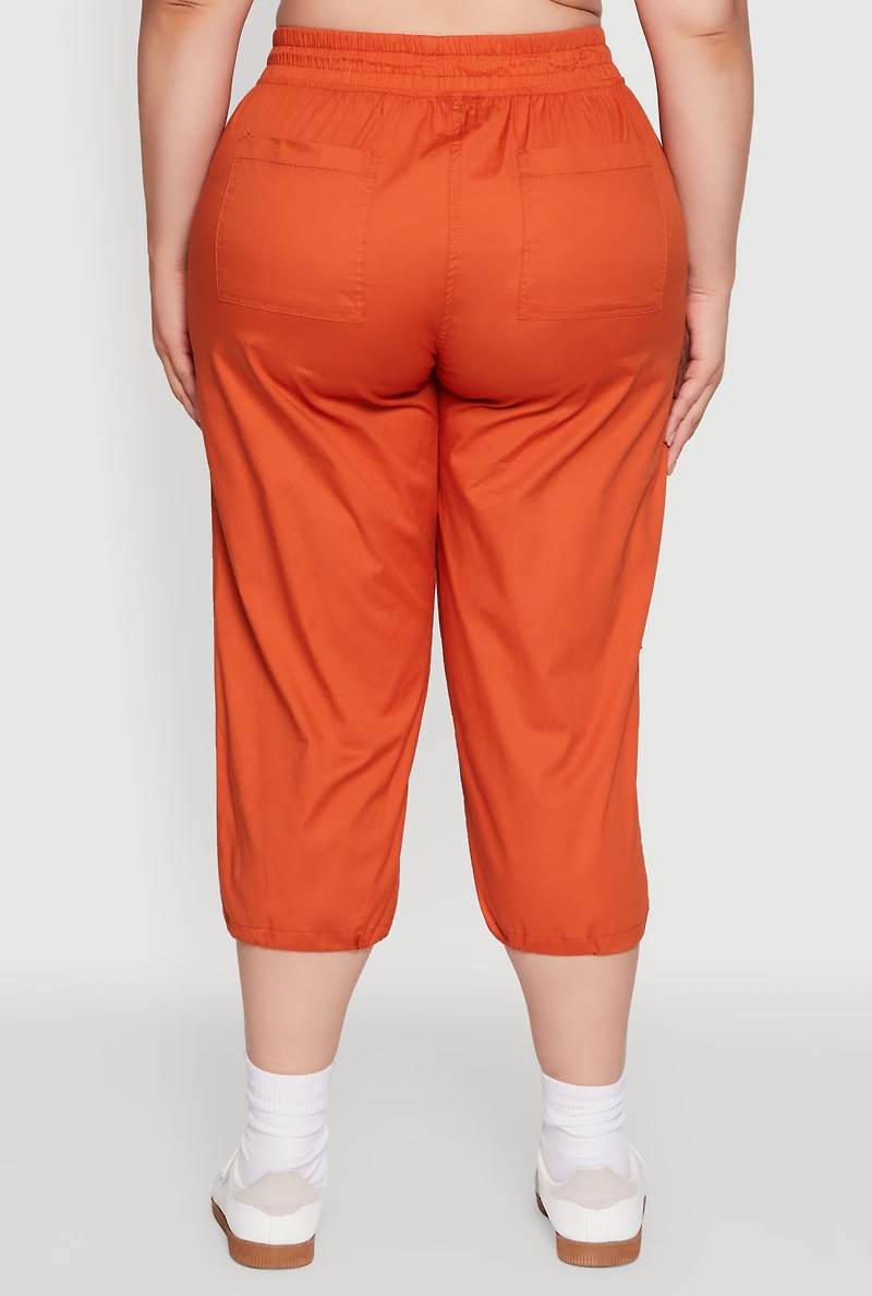 Womens Plus Size Poplin Drawstring Hem Utility Capris, Orange, Size 3X