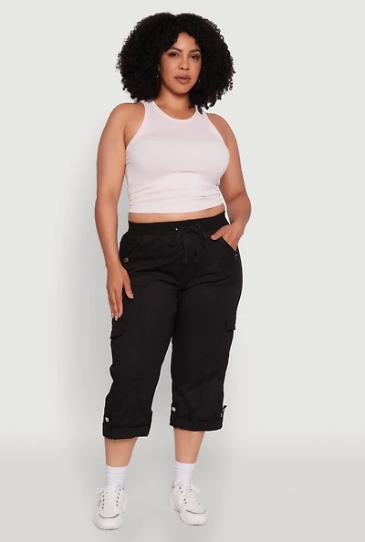 Womens Plus Drawstring Waist Tabbed Cuff Cargo Capris,