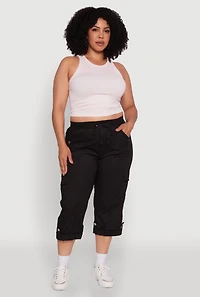 Womens Plus Drawstring Waist Tabbed Cuff Cargo Capris,