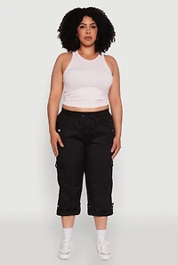 Womens Plus Drawstring Waist Tabbed Cuff Cargo Capris,