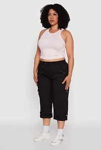 Womens Plus Drawstring Waist Tabbed Cuff Cargo Capris,