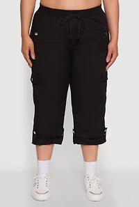 Womens Plus Drawstring Waist Tabbed Cuff Cargo Capris,