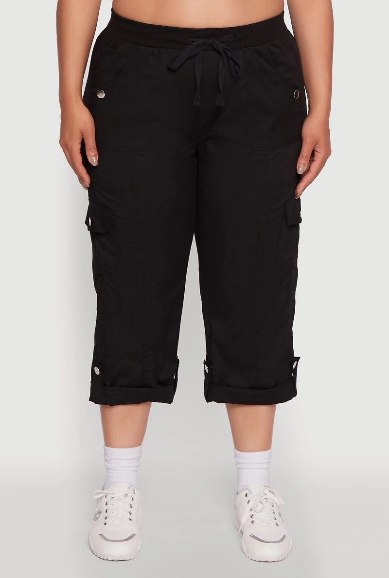 Womens Plus Drawstring Waist Tabbed Cuff Cargo Capris,