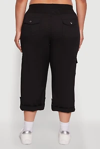 Womens Plus Drawstring Waist Tabbed Cuff Cargo Capris,