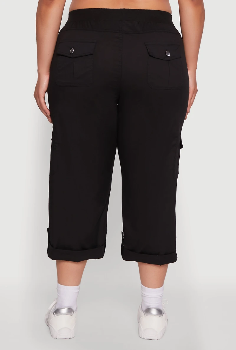 Womens Plus Drawstring Waist Tabbed Cuff Cargo Capris,