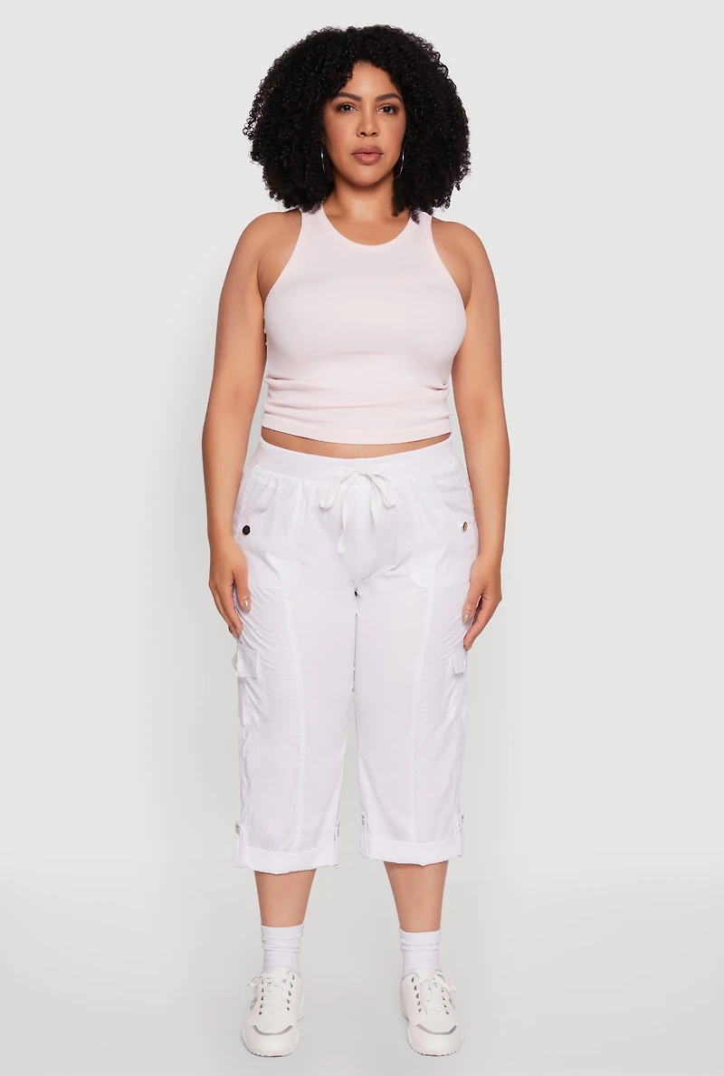 Womens Plus Size Drawstring Waist Tabbed Cuff Cargo Capris, White, Size 1X