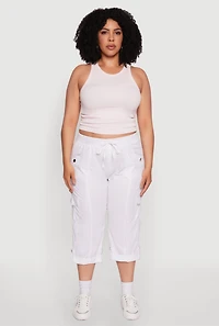 Womens Plus Size Drawstring Waist Tabbed Cuff Cargo Capris, White, Size 1X