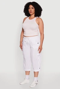 Womens Plus Size Drawstring Waist Tabbed Cuff Cargo Capris, White, Size 1X