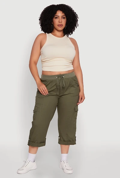 Womens Plus Drawstring Waist Tabbed Cuff Cargo Capris,
