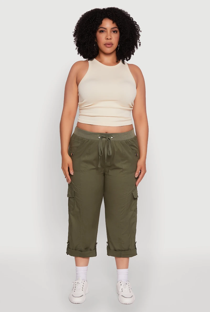 Womens Plus Size Drawstring Waist Tabbed Cuff Cargo Capris, Green, Size 2X