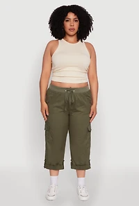 Womens Plus Size Drawstring Waist Tabbed Cuff Cargo Capris, Green, Size 2X