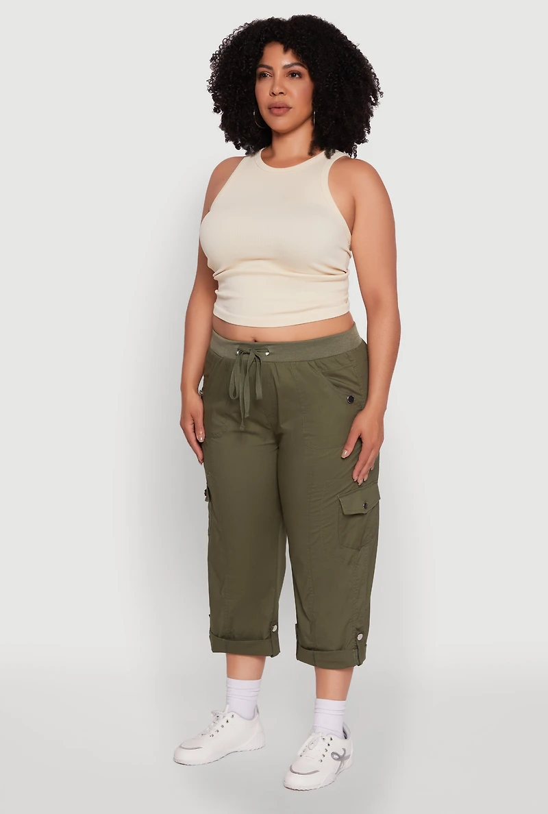 Womens Plus Size Drawstring Waist Tabbed Cuff Cargo Capris, Green, Size 2X