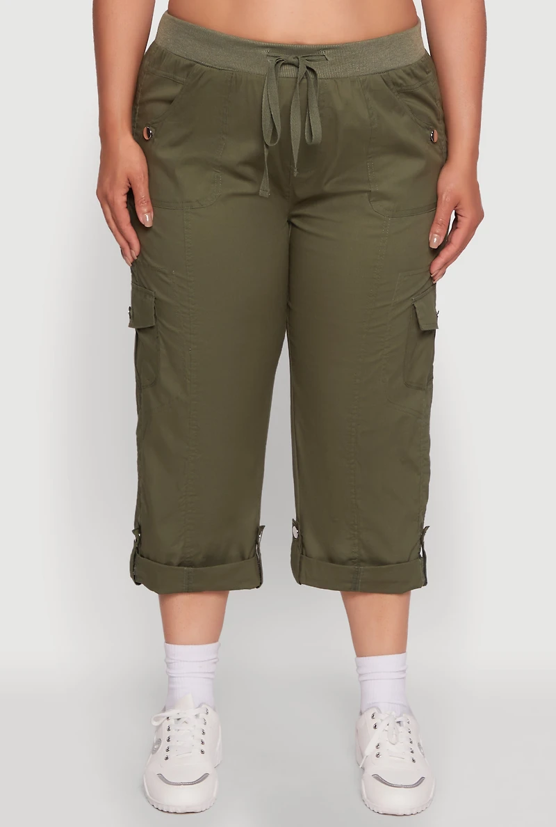 Womens Plus Size Drawstring Waist Tabbed Cuff Cargo Capris, Green, Size 2X