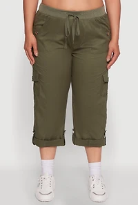 Womens Plus Size Drawstring Waist Tabbed Cuff Cargo Capris, Green, Size 2X