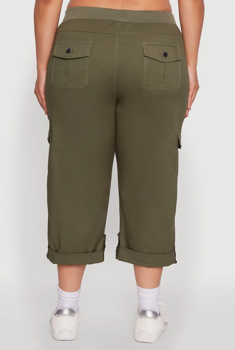 Womens Plus Size Drawstring Waist Tabbed Cuff Cargo Capris, Green, Size 2X