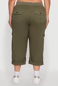 Womens Plus Size Drawstring Waist Tabbed Cuff Cargo Capris, Green, Size 2X
