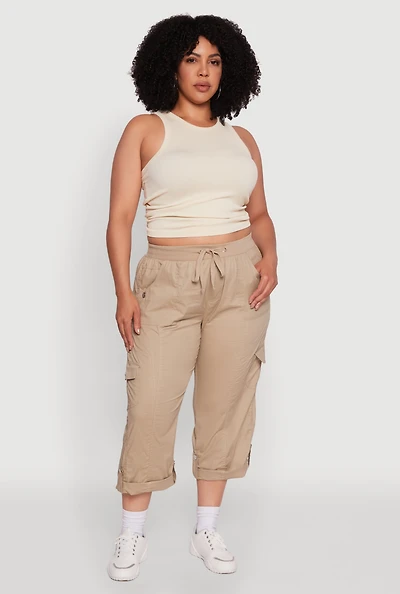 Womens Plus Size Drawstring Waist Tabbed Cuff Cargo Capris, Khaki, Size 3X