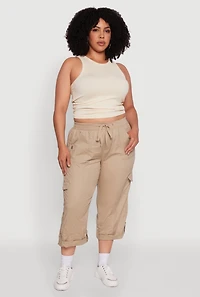 Womens Plus Size Drawstring Waist Tabbed Cuff Cargo Capris, Khaki, Size 3X
