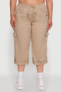 Womens Plus Size Drawstring Waist Tabbed Cuff Cargo Capris, Khaki, Size 3X