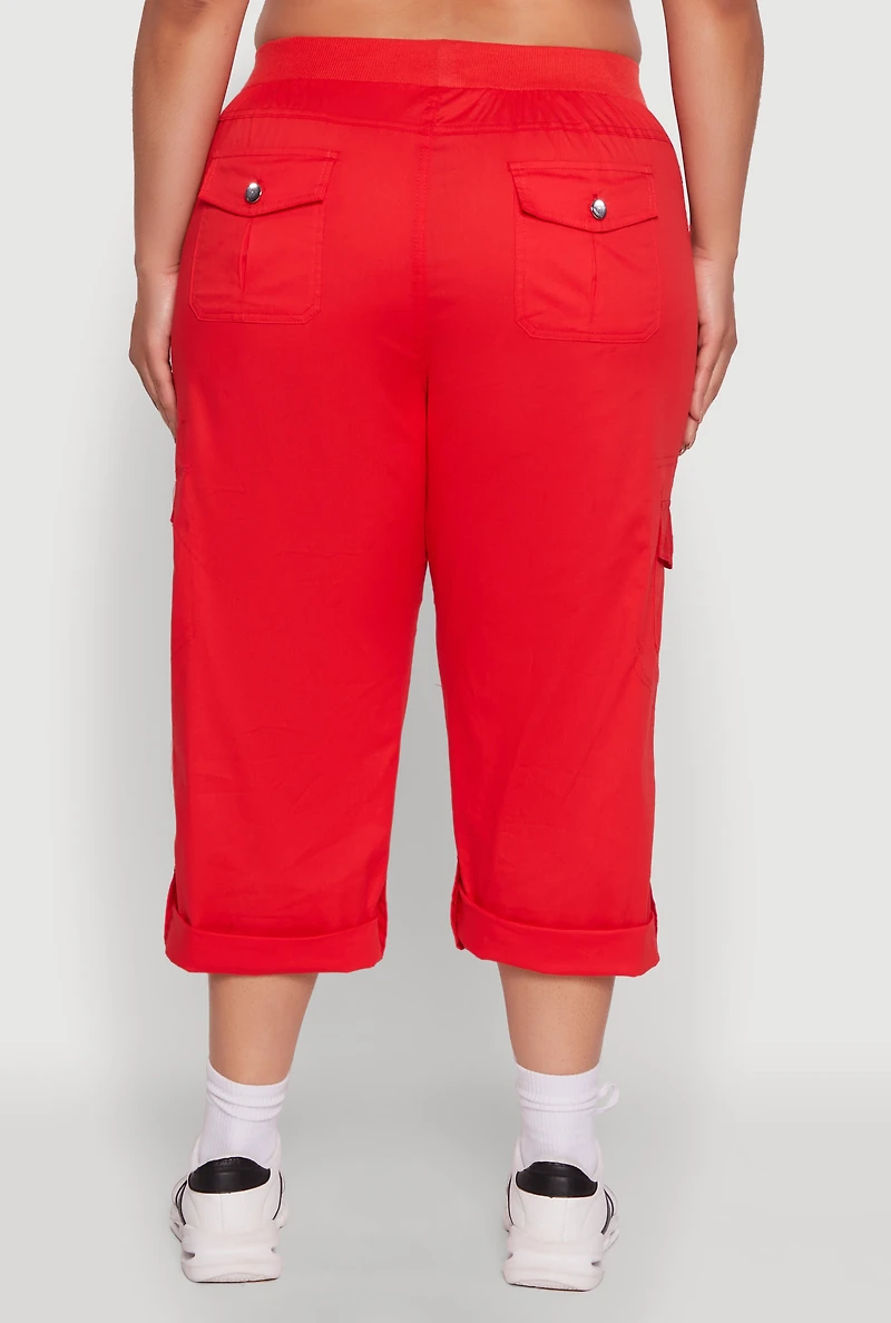 Womens Plus Size Drawstring Waist Tabbed Cuff Cargo Capris, Red, Size 1X