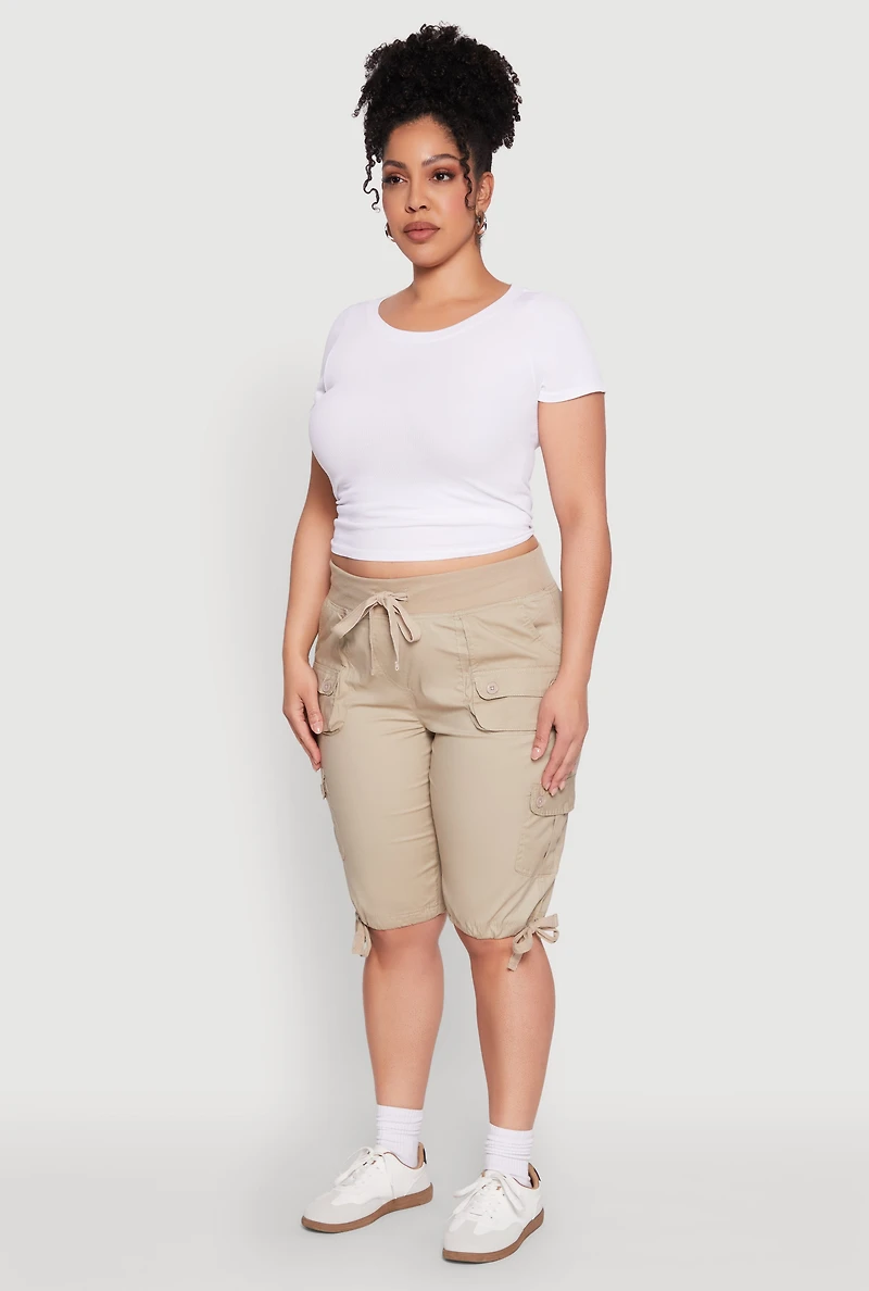 Womens Plus Tie Hem Cargo Bermuda Shorts,