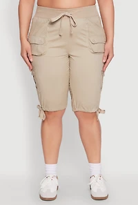 Womens Plus Tie Hem Cargo Bermuda Shorts,
