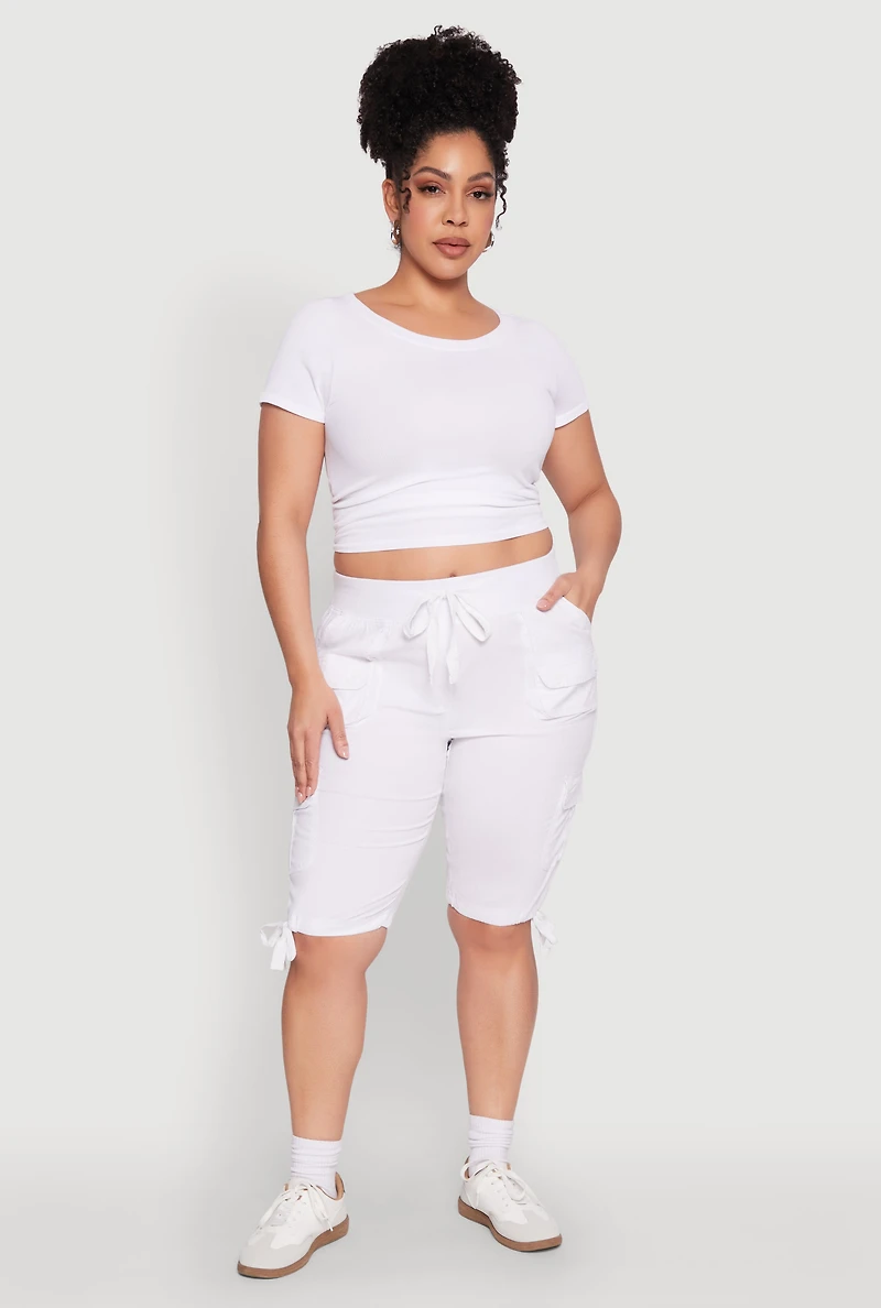 Womens Plus Size Tie Hem Cargo Bermuda Shorts, White, Size 2X