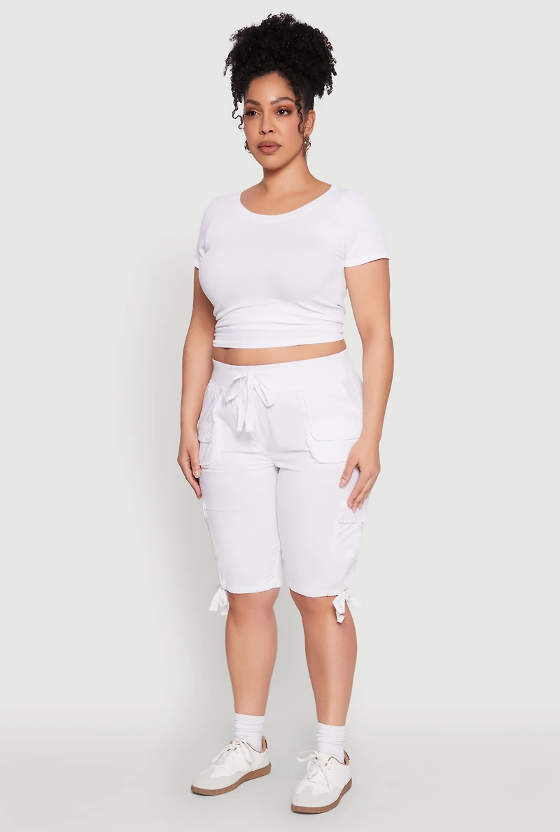 Womens Plus Size Tie Hem Cargo Bermuda Shorts, White, Size 2X