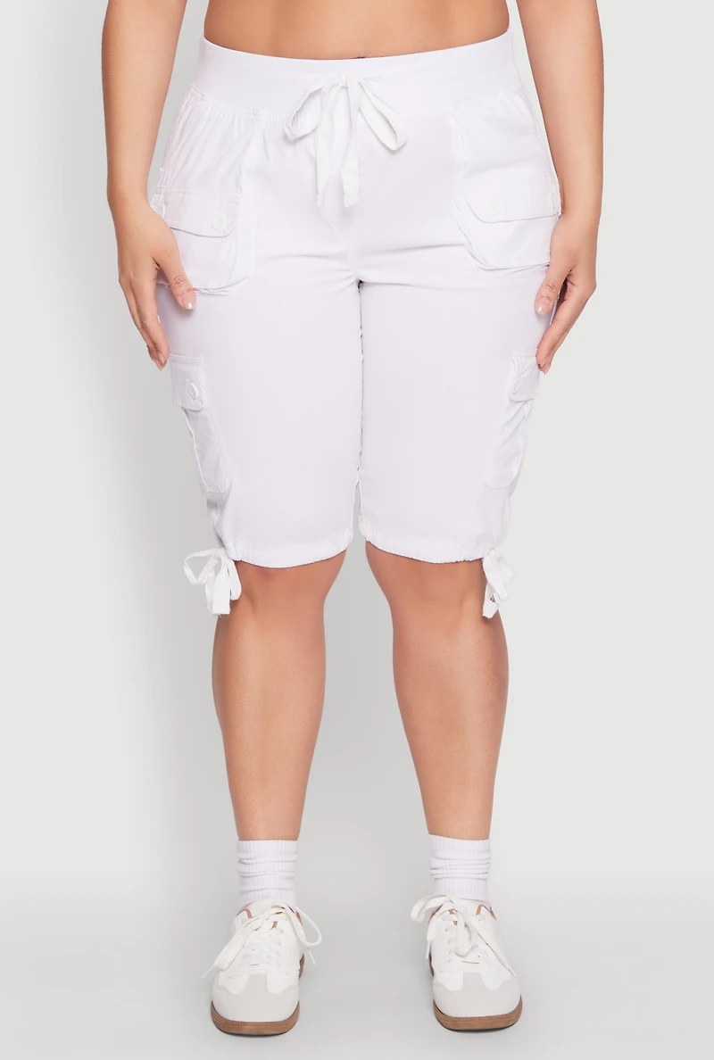 Womens Plus Size Tie Hem Cargo Bermuda Shorts, White, Size 2X