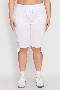 Womens Plus Size Tie Hem Cargo Bermuda Shorts, White, Size 3X