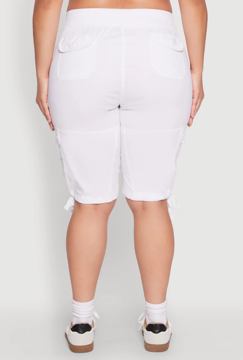Womens Plus Size Tie Hem Cargo Bermuda Shorts, White, Size 2X
