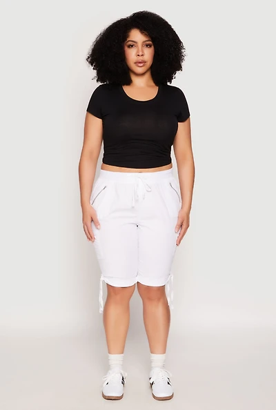 Womens Plus Zip Pocket Bermuda Shorts, White,