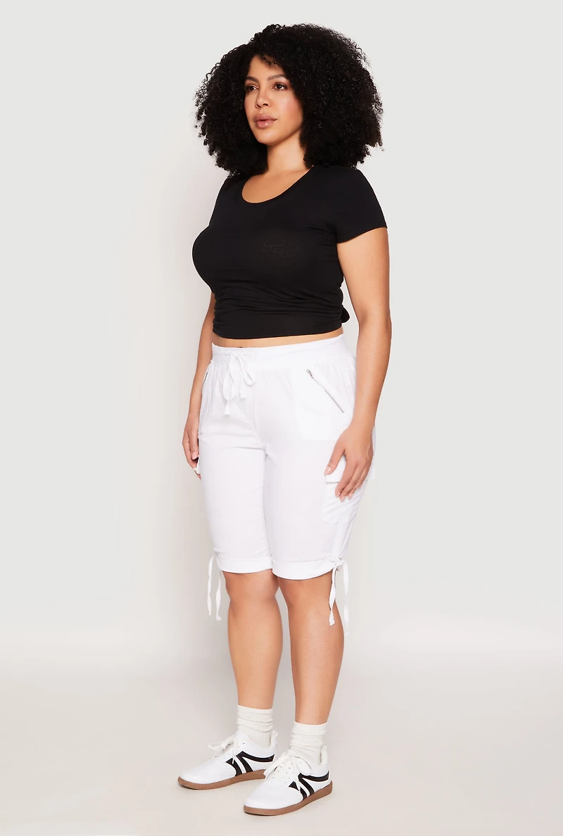 Womens Plus Zip Pocket Bermuda Shorts, White,