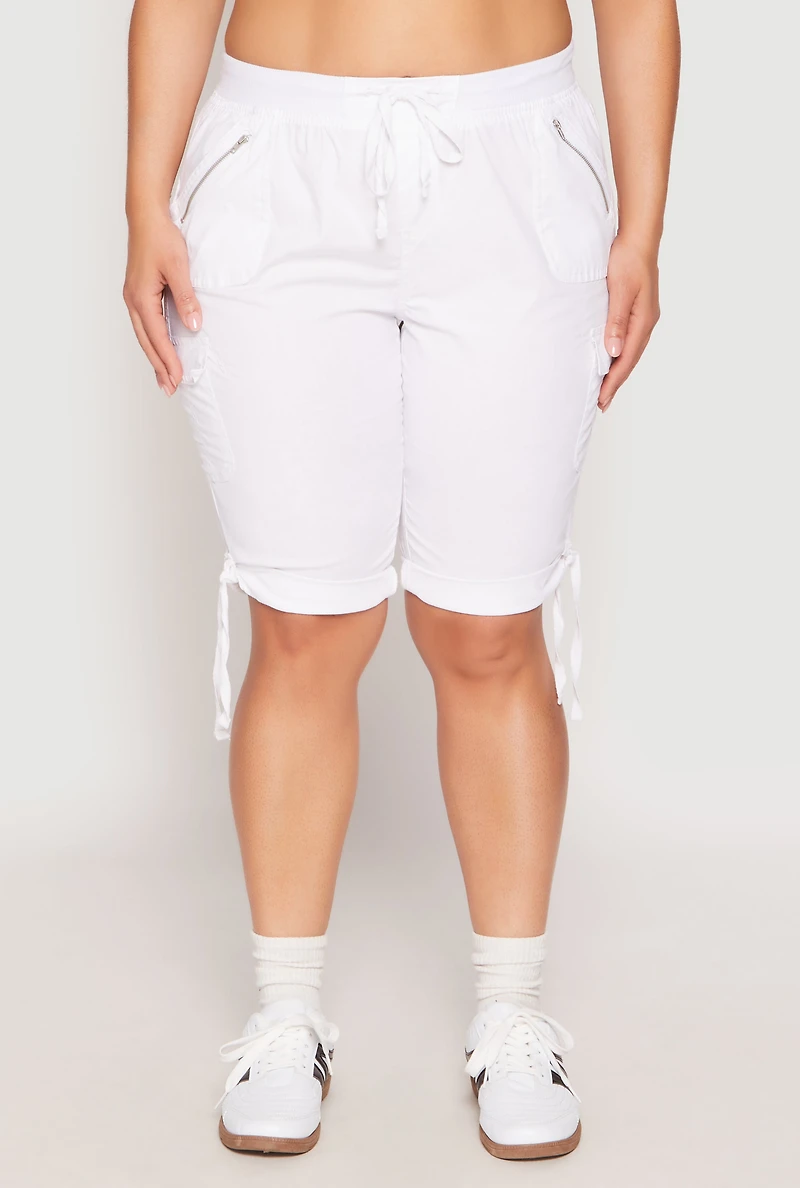 Womens Plus Zip Pocket Bermuda Shorts, White,