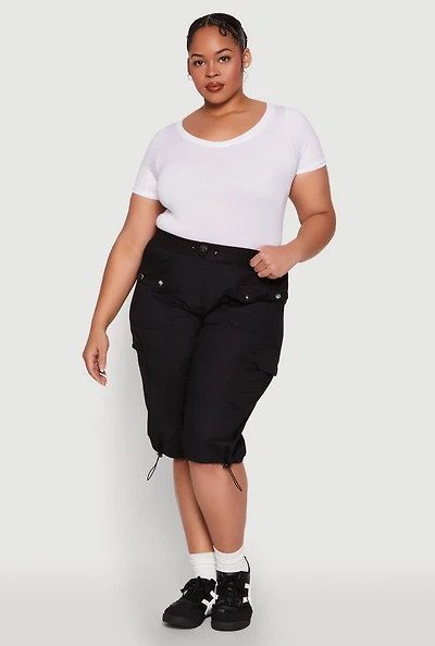 Womens Plus Size Poplin Toggle Drawstring Cargo Capri Pants, Black, Size 2X