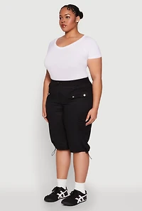 Womens Plus Size Poplin Toggle Drawstring Cargo Capri Pants, Black, Size 2X