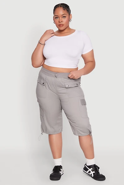 Womens Plus Poplin Toggle Drawstring Cargo Capri Pants,