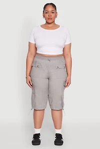 Womens Plus Size Poplin Toggle Drawstring Cargo Capri Pants, Grey, Size 2X