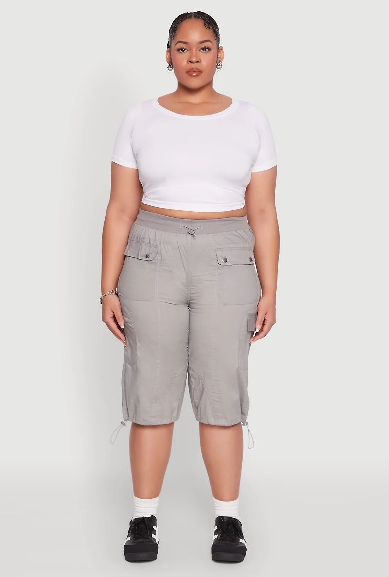 Womens Plus Poplin Toggle Drawstring Cargo Capri Pants,