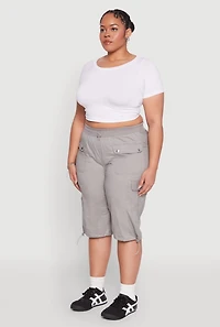 Womens Plus Size Poplin Toggle Drawstring Cargo Capri Pants, Grey, Size 2X