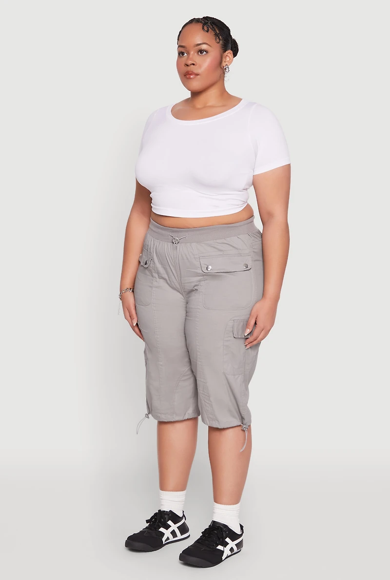 Womens Plus Poplin Toggle Drawstring Cargo Capri Pants,